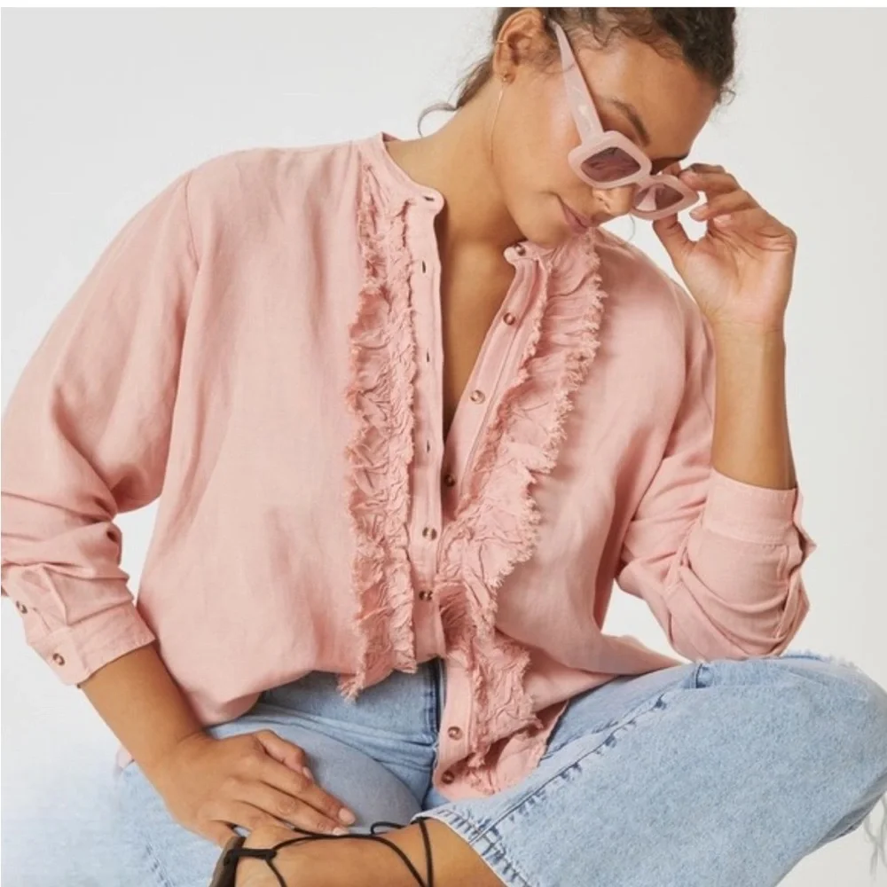 Anthropologie Pilcro linen blend Ruffled Placket Shirt peach - Picture 1 of 13
